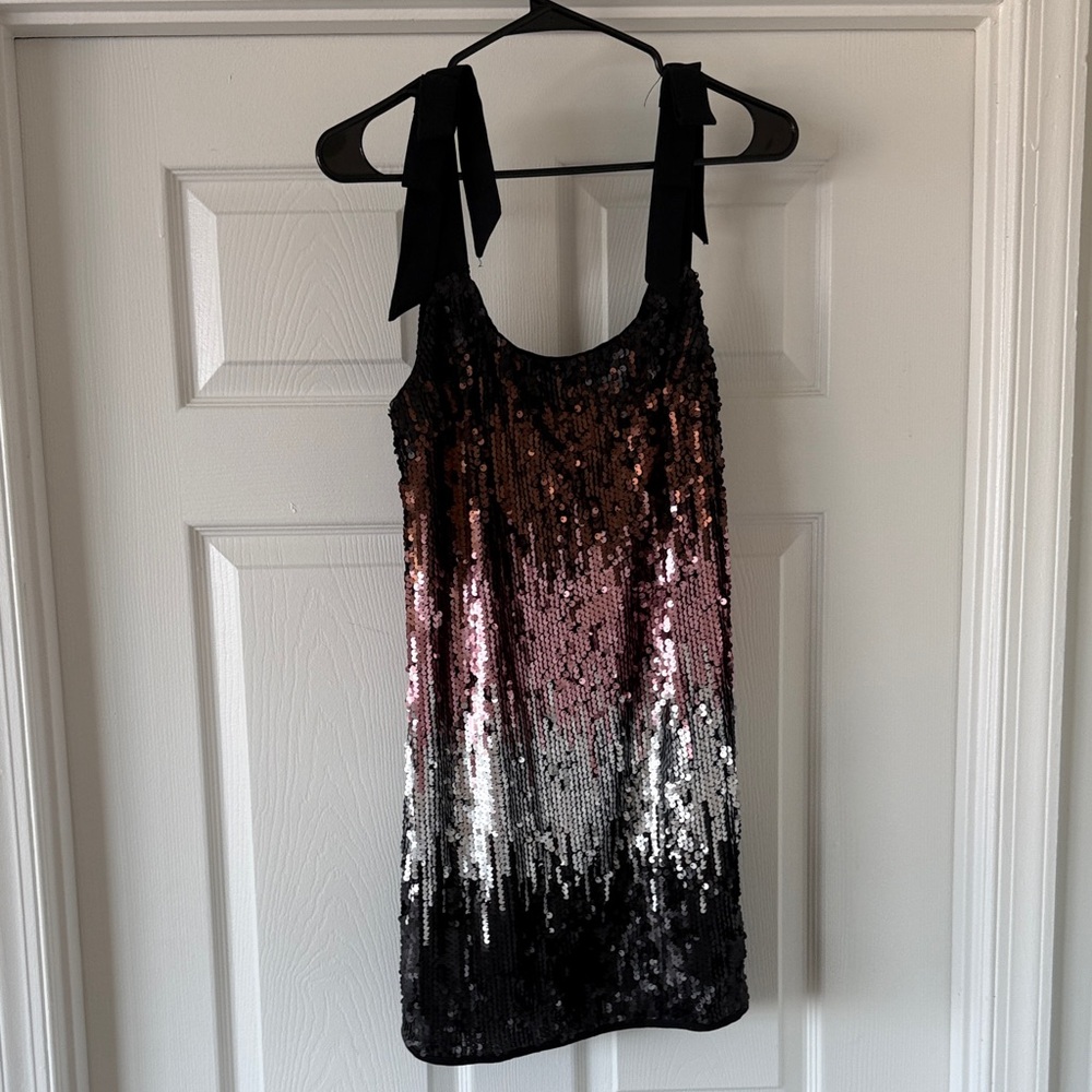 Sequin Ombre Mini Dress with Tie Straps - Black to Rose Gold